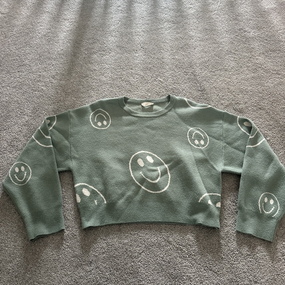 Altar'd State Green Crew Neck Sweater with Smiley Faces
